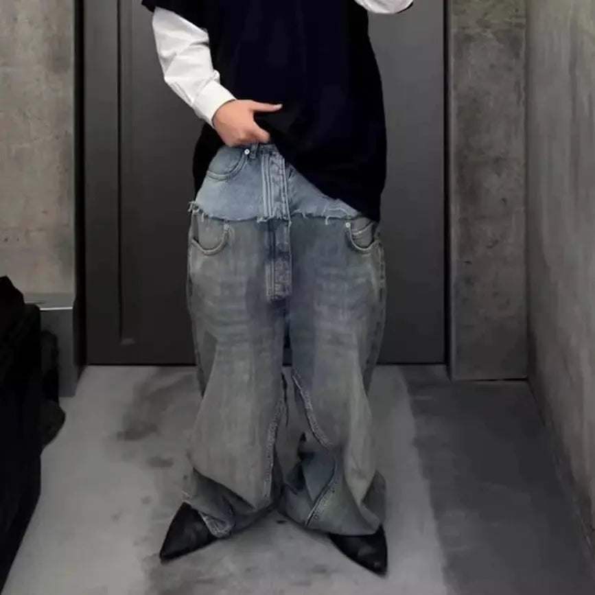 Simples Market CUT-UP double-layer waist patchwork baggy jeans, light denim, oversized straight fit