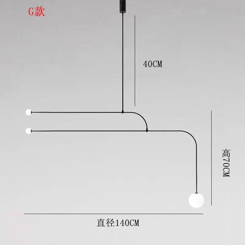 Simples Market Nordic minimalist chandelier with geometric black lines and three white globes; 140 cm diameter