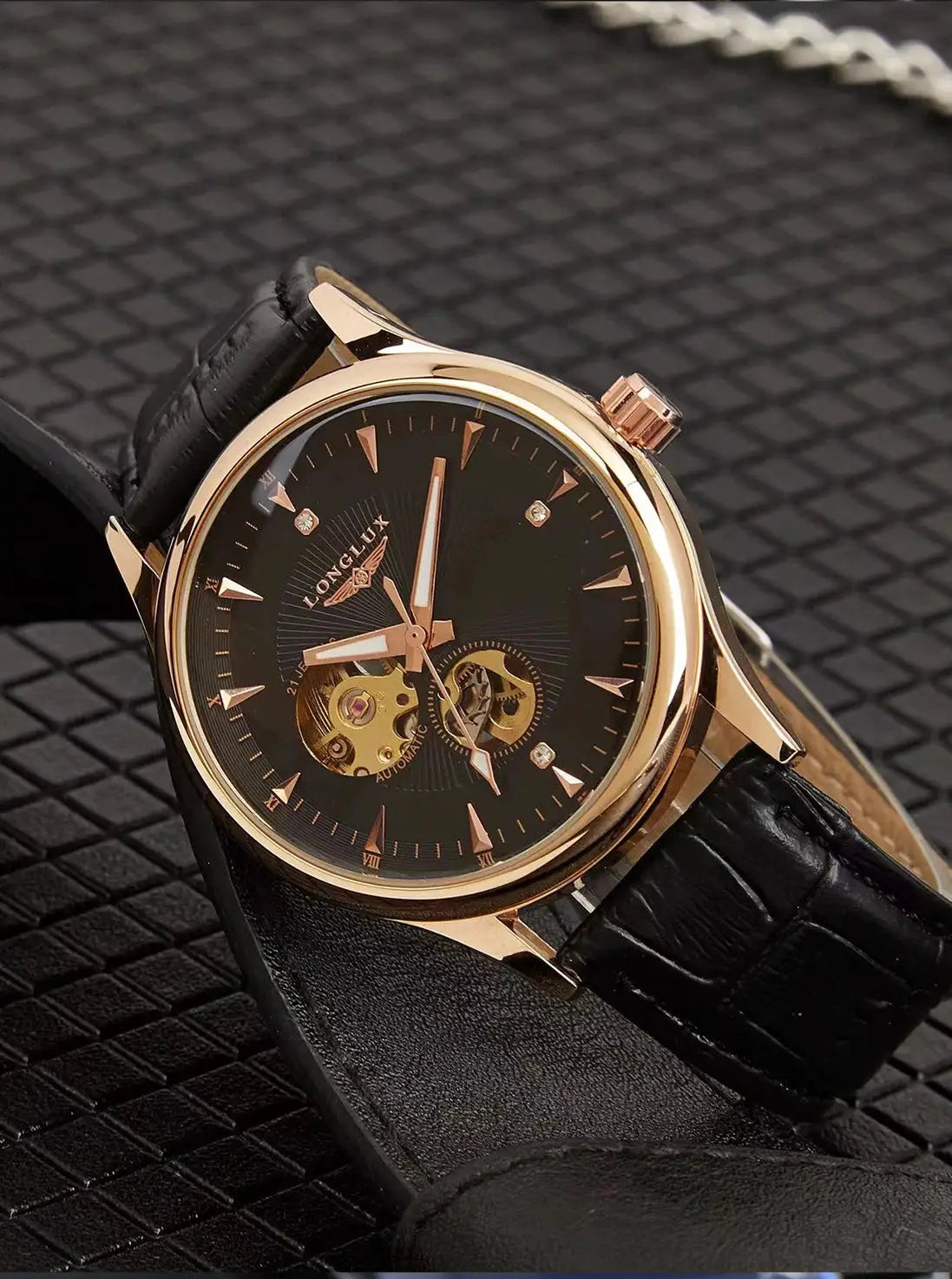 LONGLUX automatic skeleton watch with black dial and rose-gold case