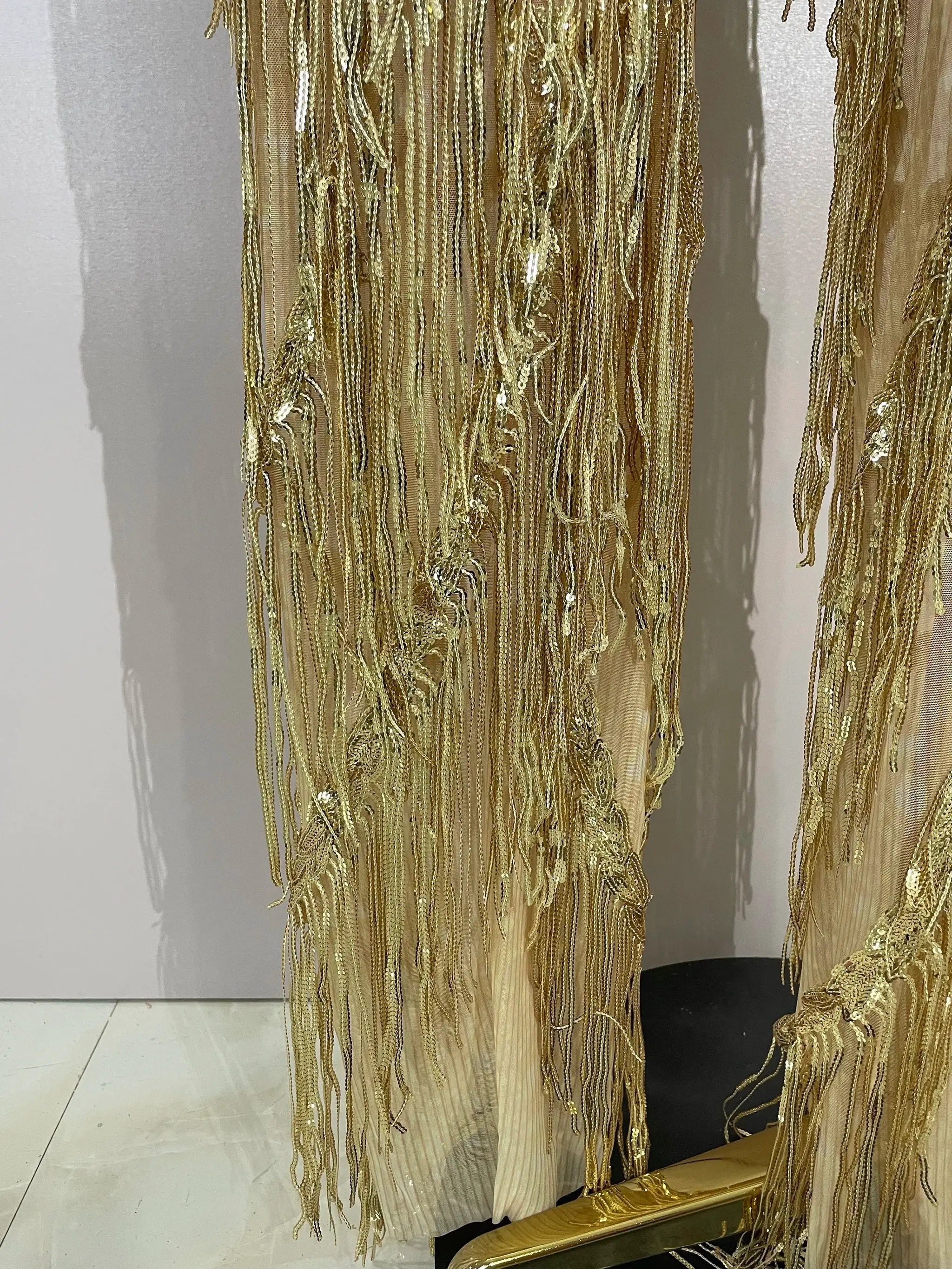 Sparkly Black Rhinestones Sequined Fringe Jumpsuit for Women with gold fringe details