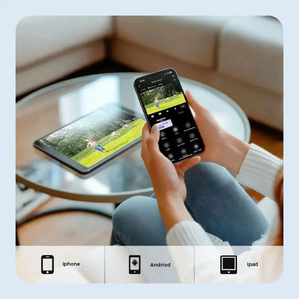 XVIM 1080P Solar Security Camera by Simples Market; smartphone and tablet show live surveillance feed
