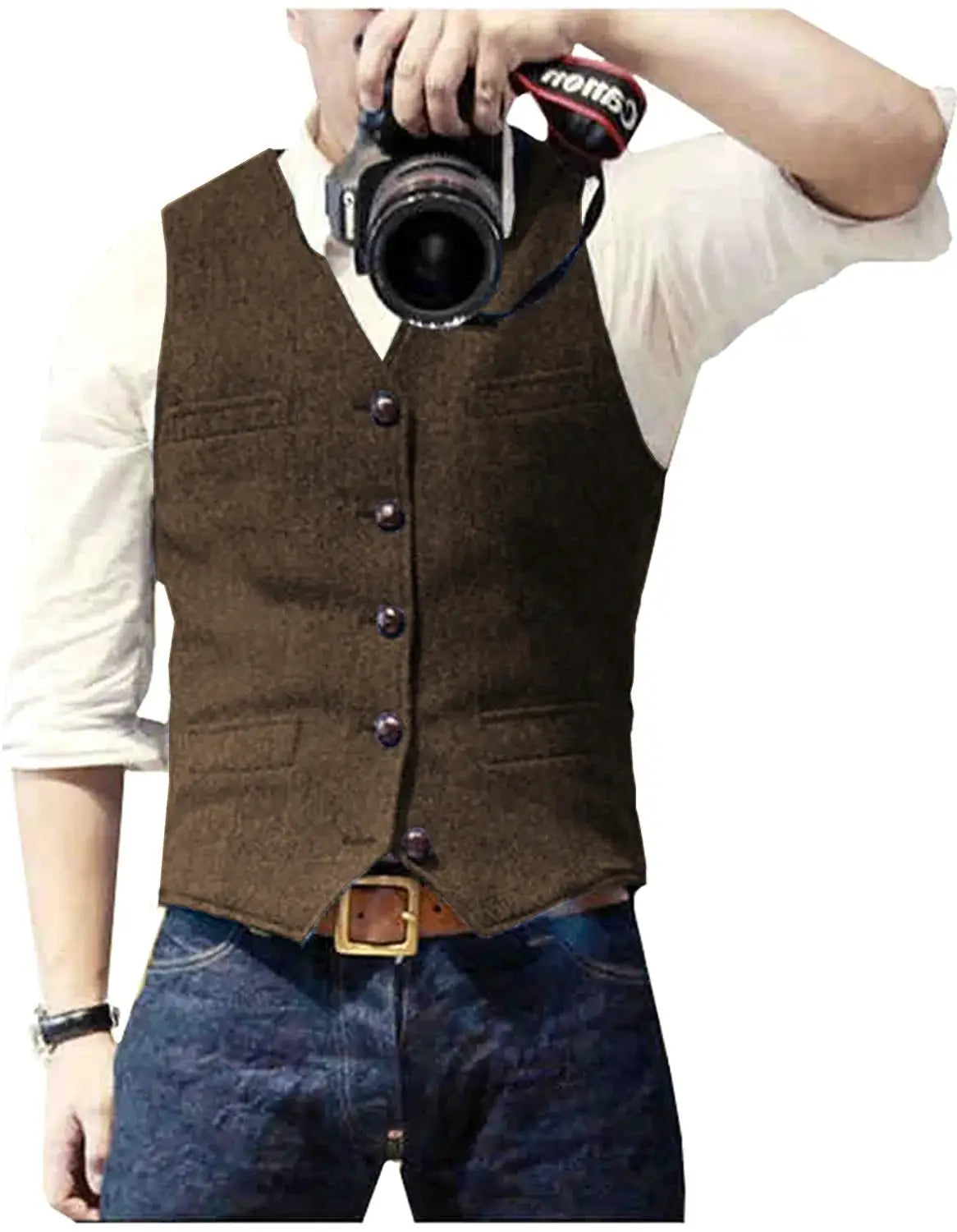 Simples Market men's wool tweed herringbone vest with V-neck and button-front in brown.