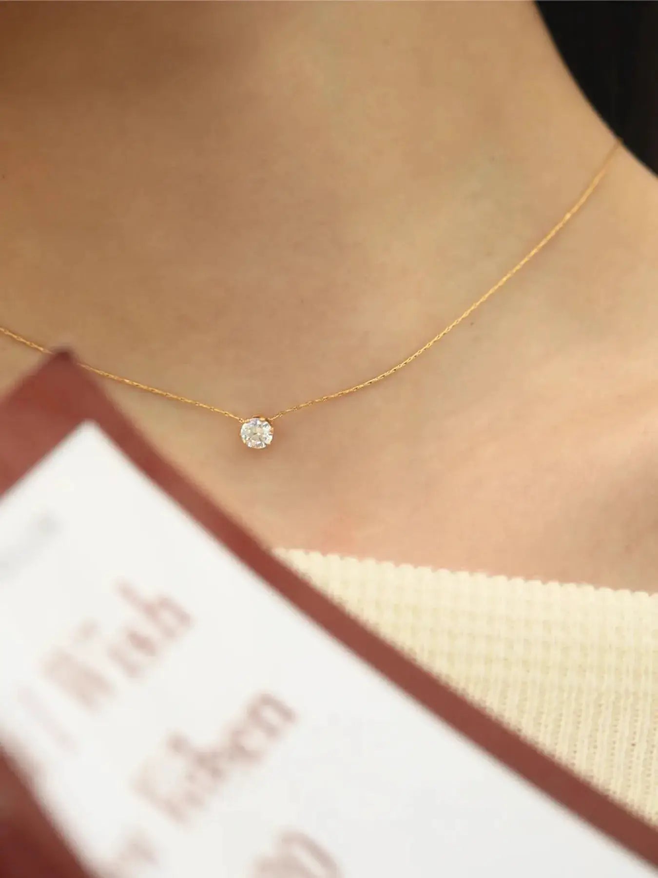 PerisBox necklace: dainty round clear CZ pendant on gold-tone anti-tarnish stainless steel chain