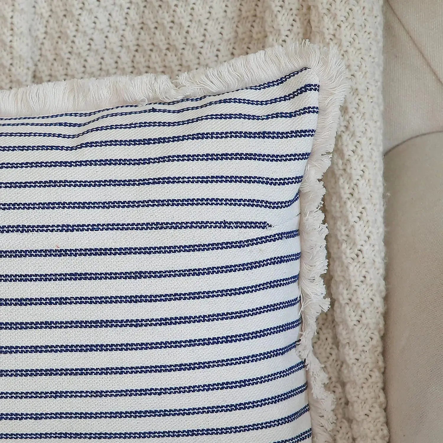 Cushion cover white cotton with navy blue stripes and fringe trim
