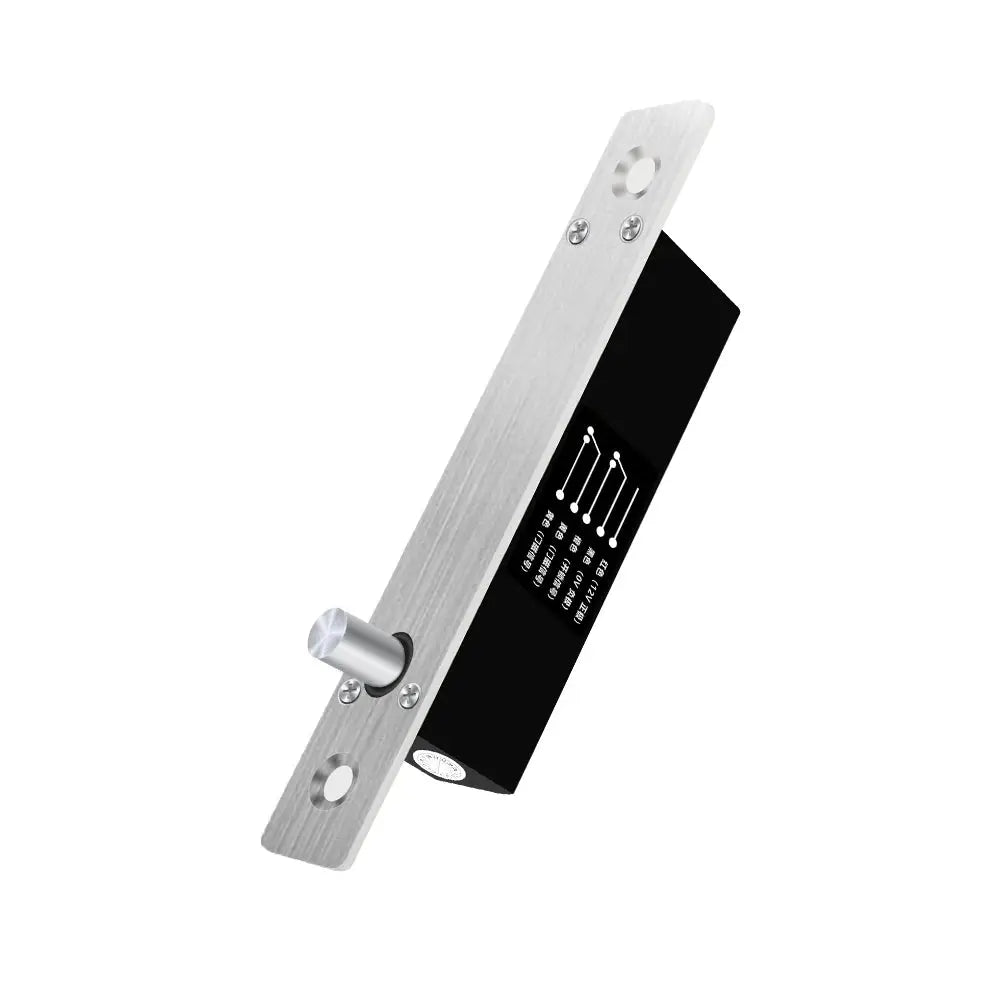 Electronic bolt lock for cabinet doors, DC 12V, normally open/closed mode, brushed metal strike plate with black housing