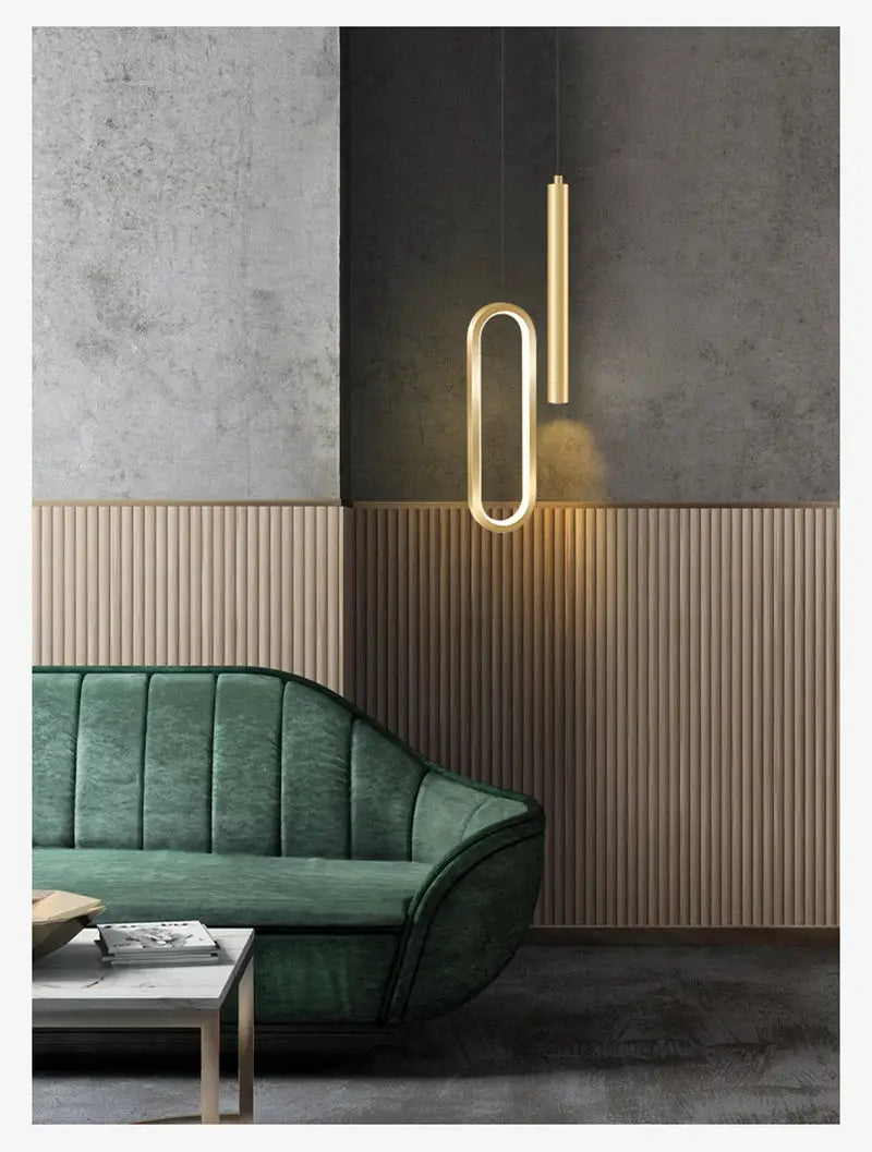 Simples Market Nordic LED pendant light set; two gold-finish hanging lamps with loop and vertical bar design.