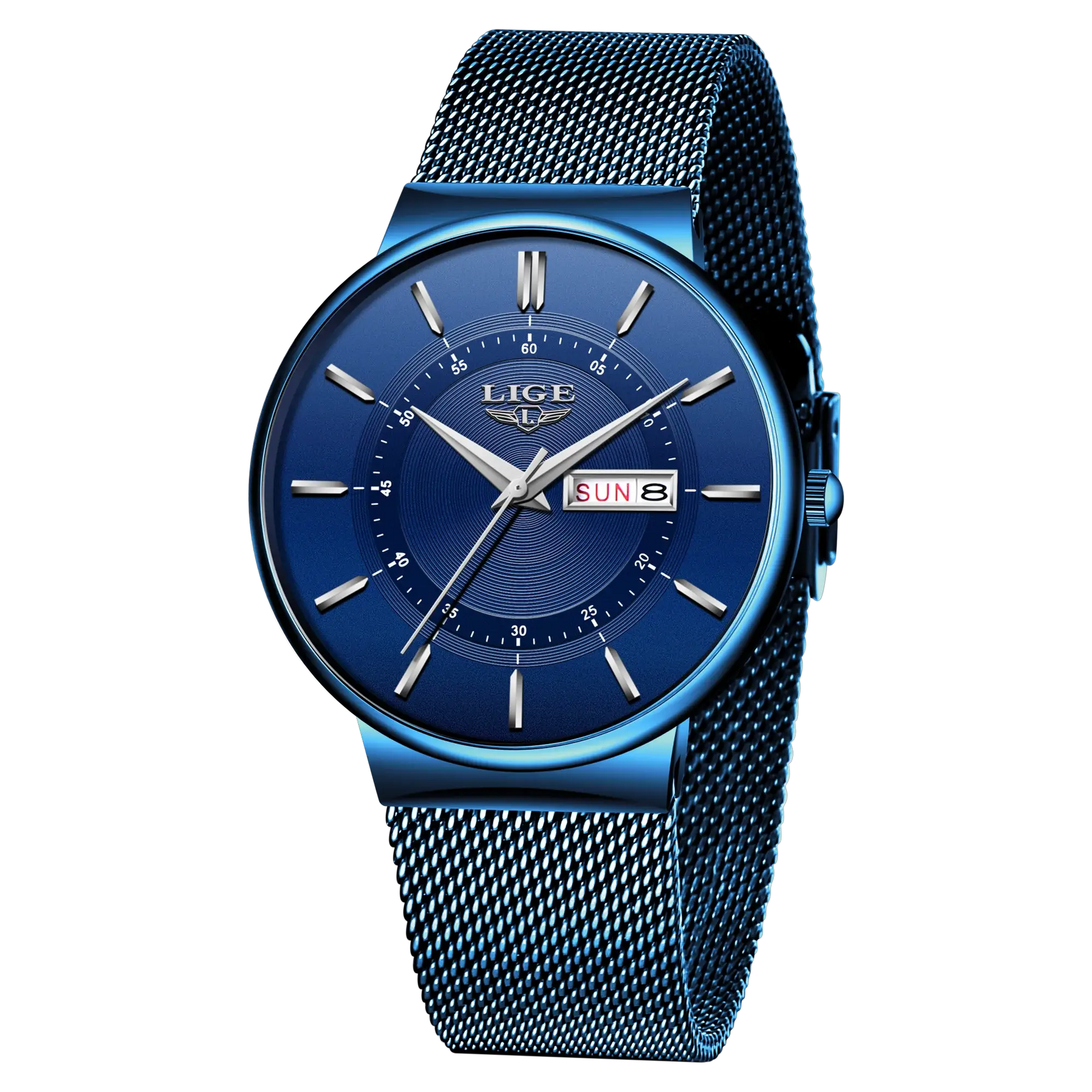 LIGE men's blue stainless steel watch with mesh strap and date window