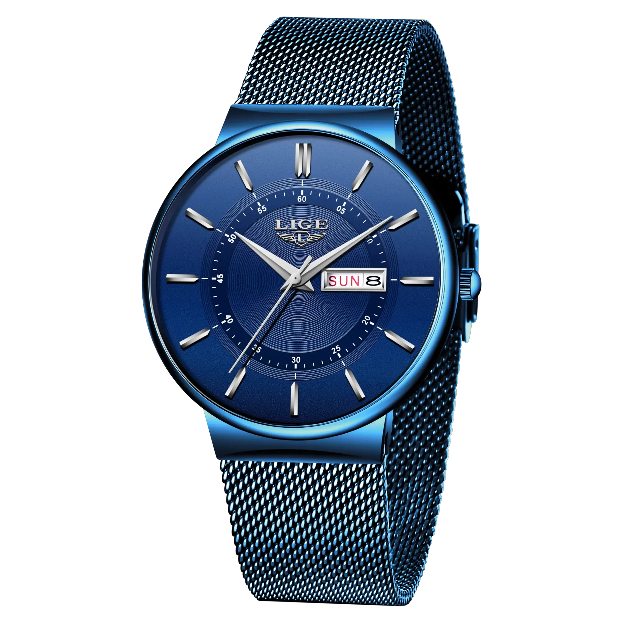 LIGE men's blue stainless steel watch with mesh strap and date window