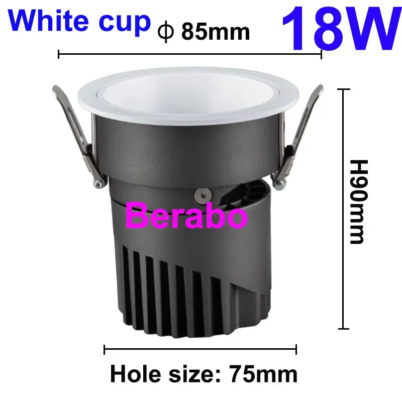 Berabo white recessed LED downlight COB, 18W dimmable, 75mm hole.