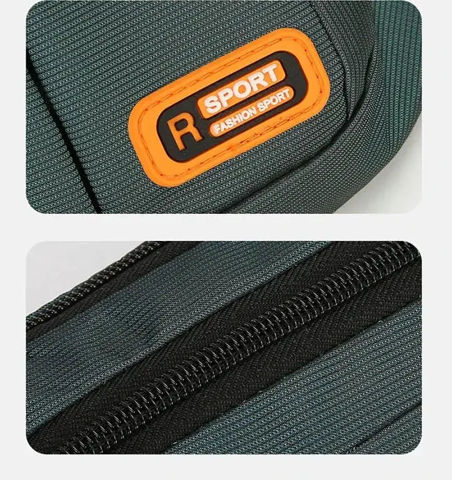 Oxford waterproof waist bag; dark green fabric with orange sport patch and black zipper