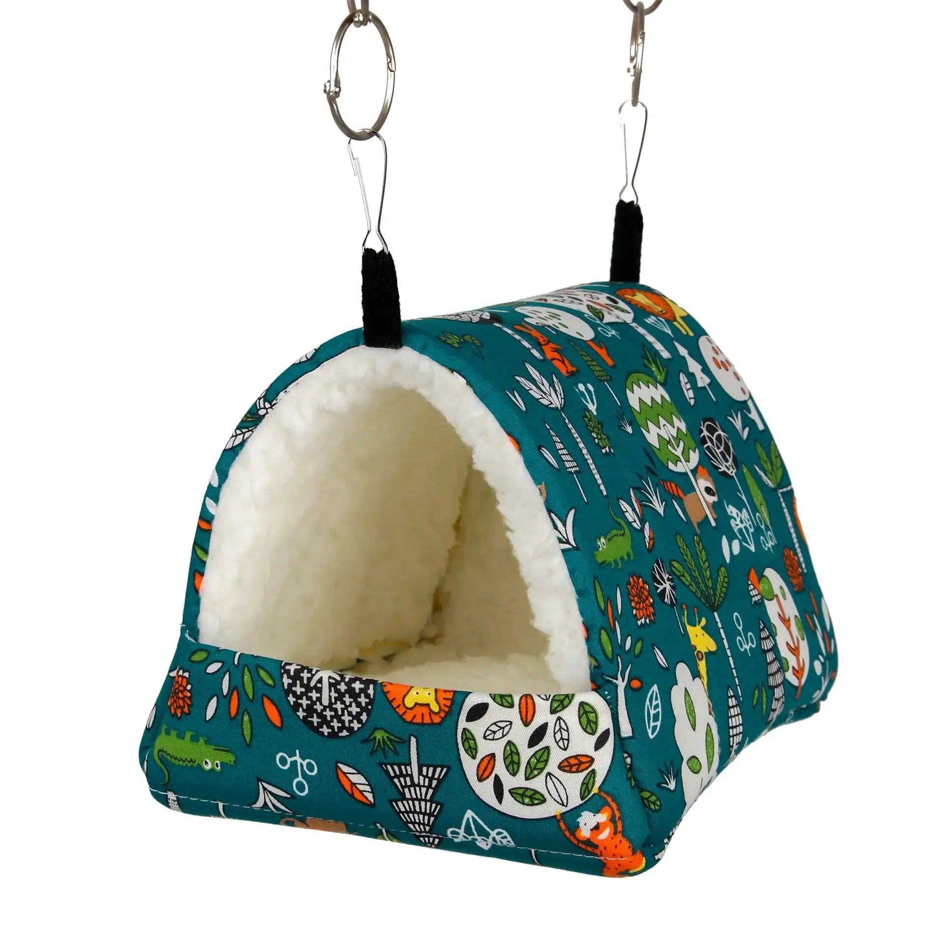 Small animal hanging bed Simples Market with teal printed fabric and plush interior