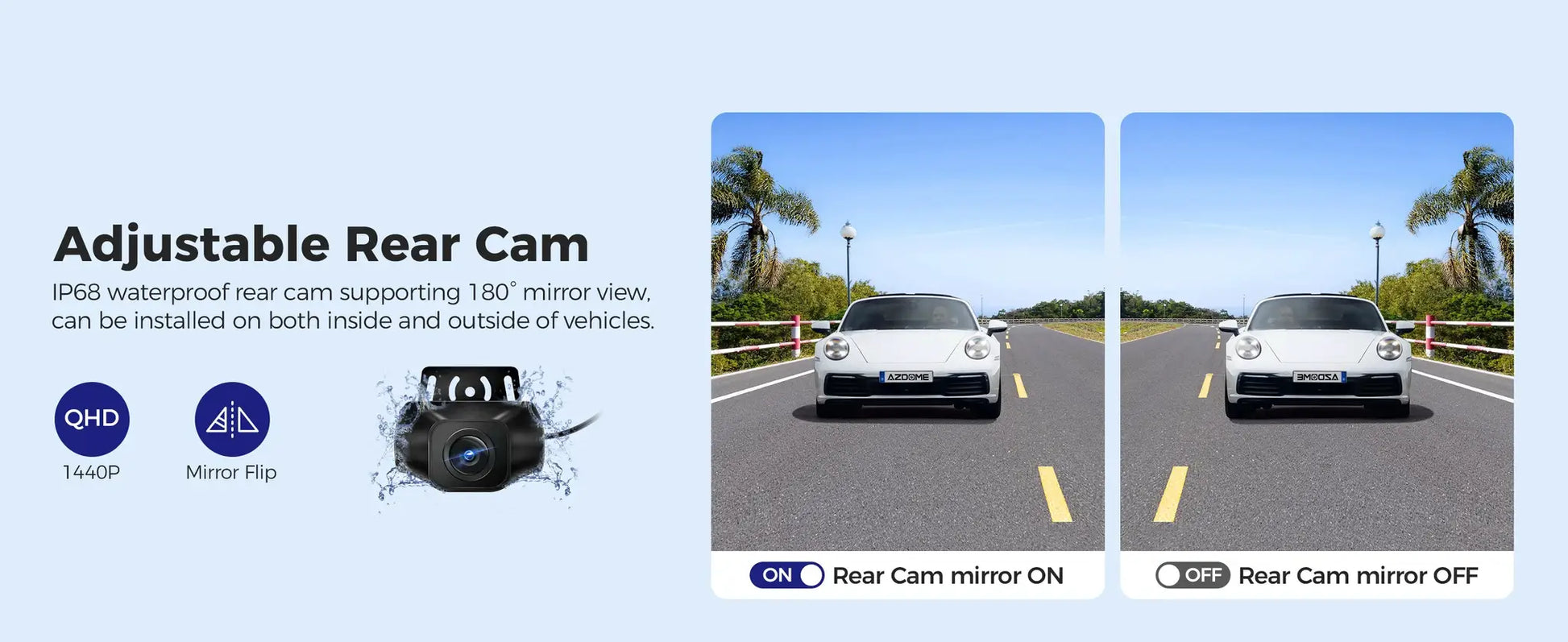 AZDOME M550 Max dash cam by Simples Market; two-panel ad shows adjustable rear cam, QHD 1440P, mirror flip, car on road