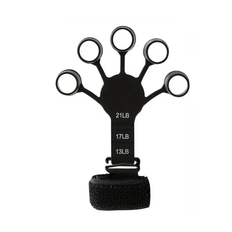 5-Finger Trainer silicone wrist grip strengthener in black with adjustable 13/17/21 lb resistance and Velcro strap
