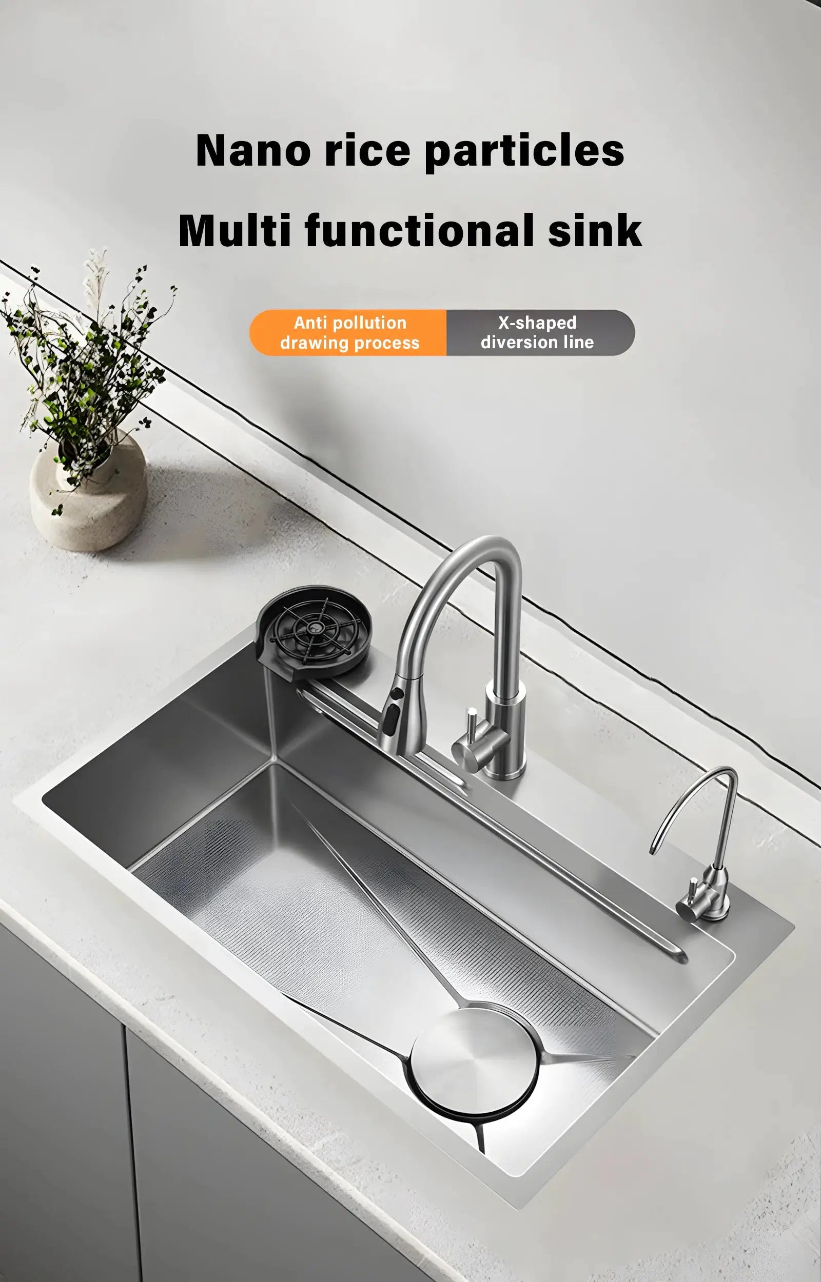 Simples Market 304 stainless steel kitchen sink, silver, with tall gooseneck faucet and a large single basin.