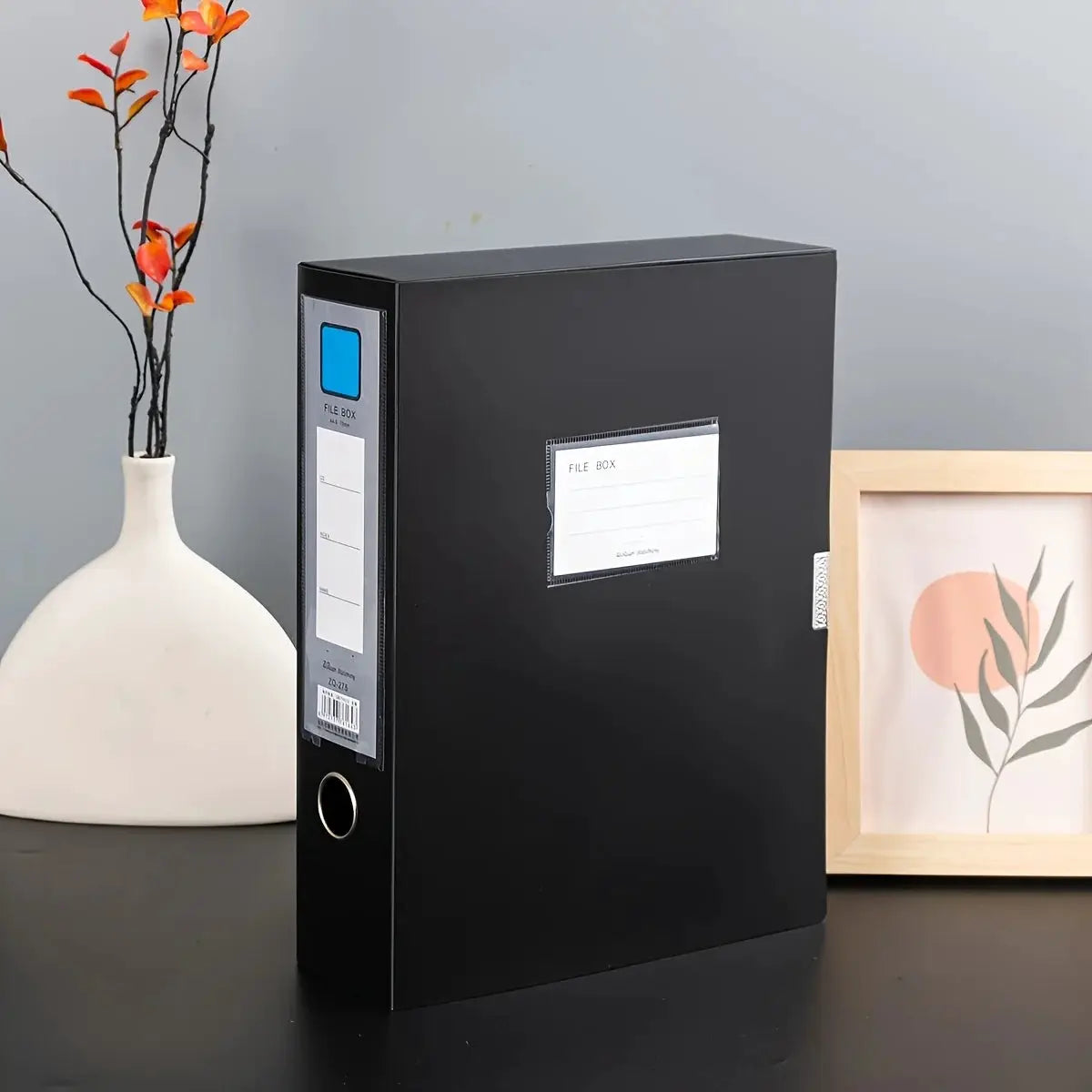 Black A4 file storage box with front label card and spine pocket; large-capacity PP document organizer