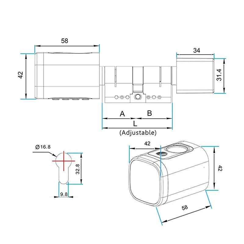 V1 Pro+ adjustable smart door lock cylinder diagram showing exterior and interior units with dimensions