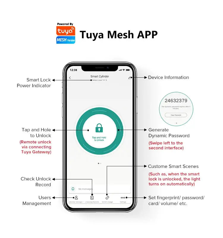 TTlock wifi smart lock with Tuya Mesh APP interface on iPhone, circular unlock screen