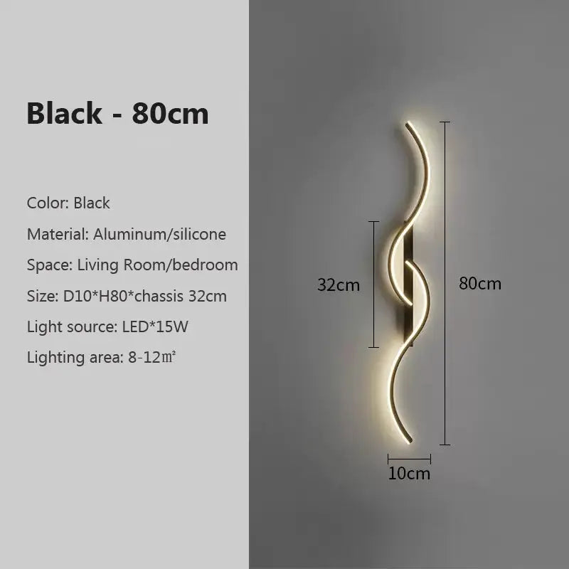 Simples Market black LED wall lamp, 80cm curved sculptural sconce in aluminum/silicone.