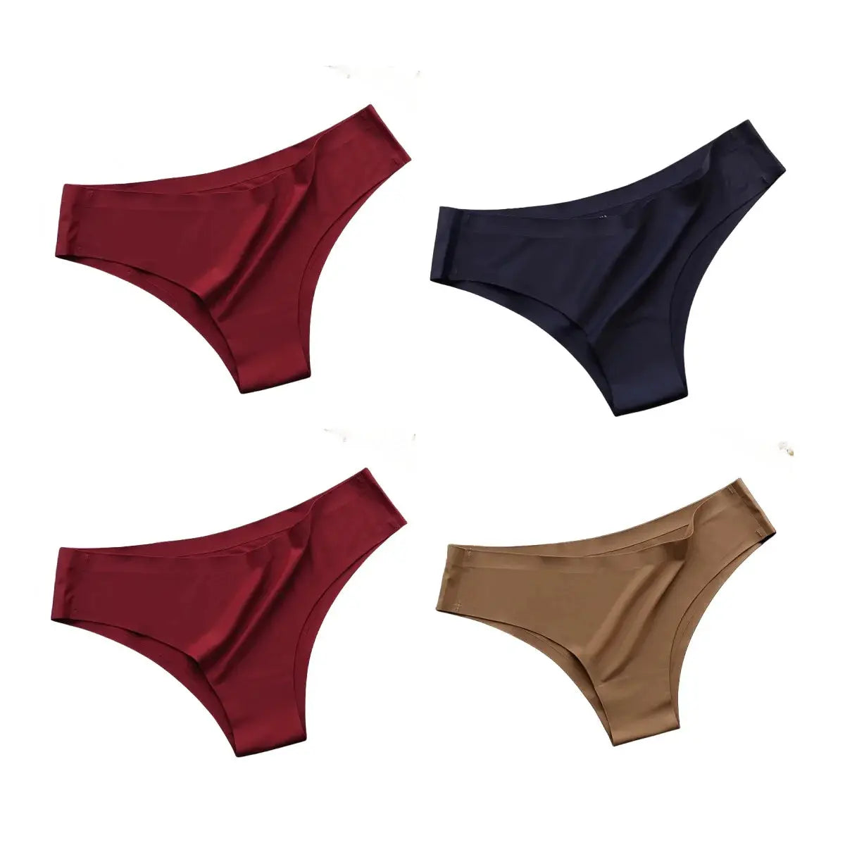 4-piece set of seamless Brazilian panties in red, navy, burgundy, and tan; low-rise ice-silk ultra-thin briefs