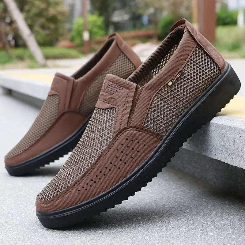 Men's breathable slip-on casual shoes by Simples Market — brown mesh upper, rubber sole, 2 shoes shown