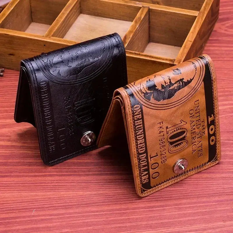 Simples Market men's genuine leather slim bifold wallets with money-print US bill design; black and tan pair.
