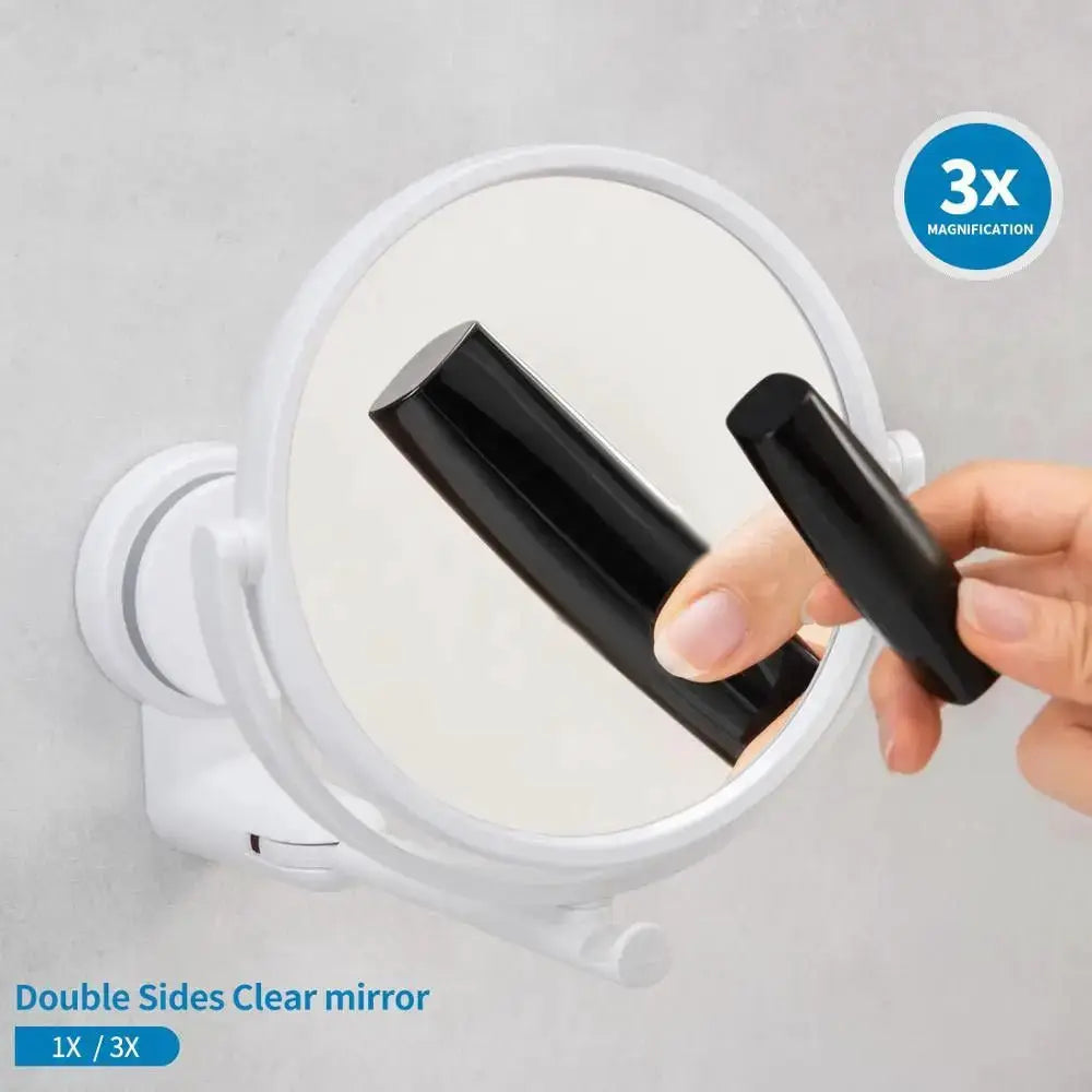 Round rotating white plastic bathroom vanity mirror with suction mount, double-sided 1X/3X magnification