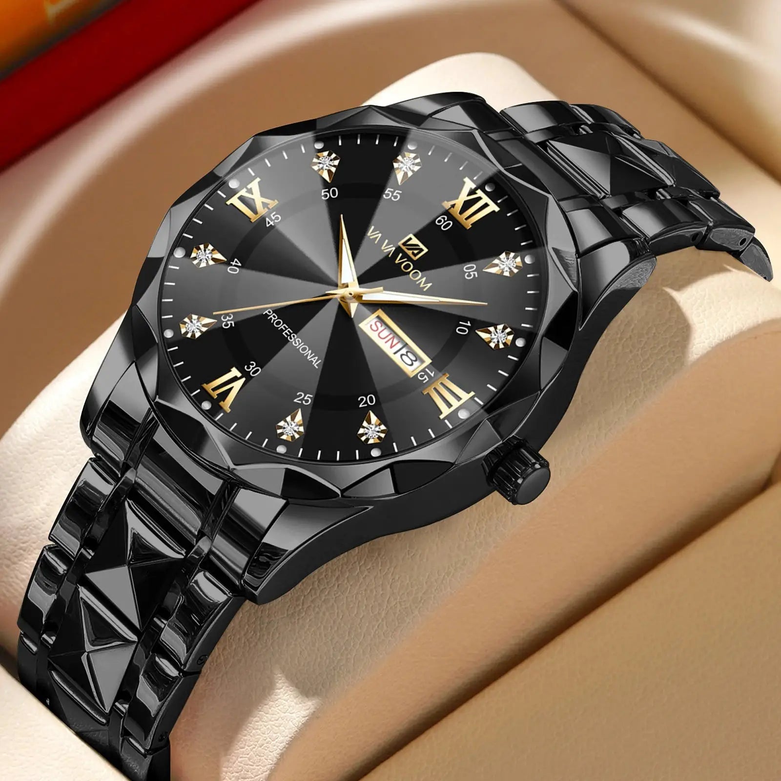 LuxeTime Mens Watch Diamond Luxury Double Calendar Quartz Movement 41mm Blue Gold Stainless Steel Night Glow