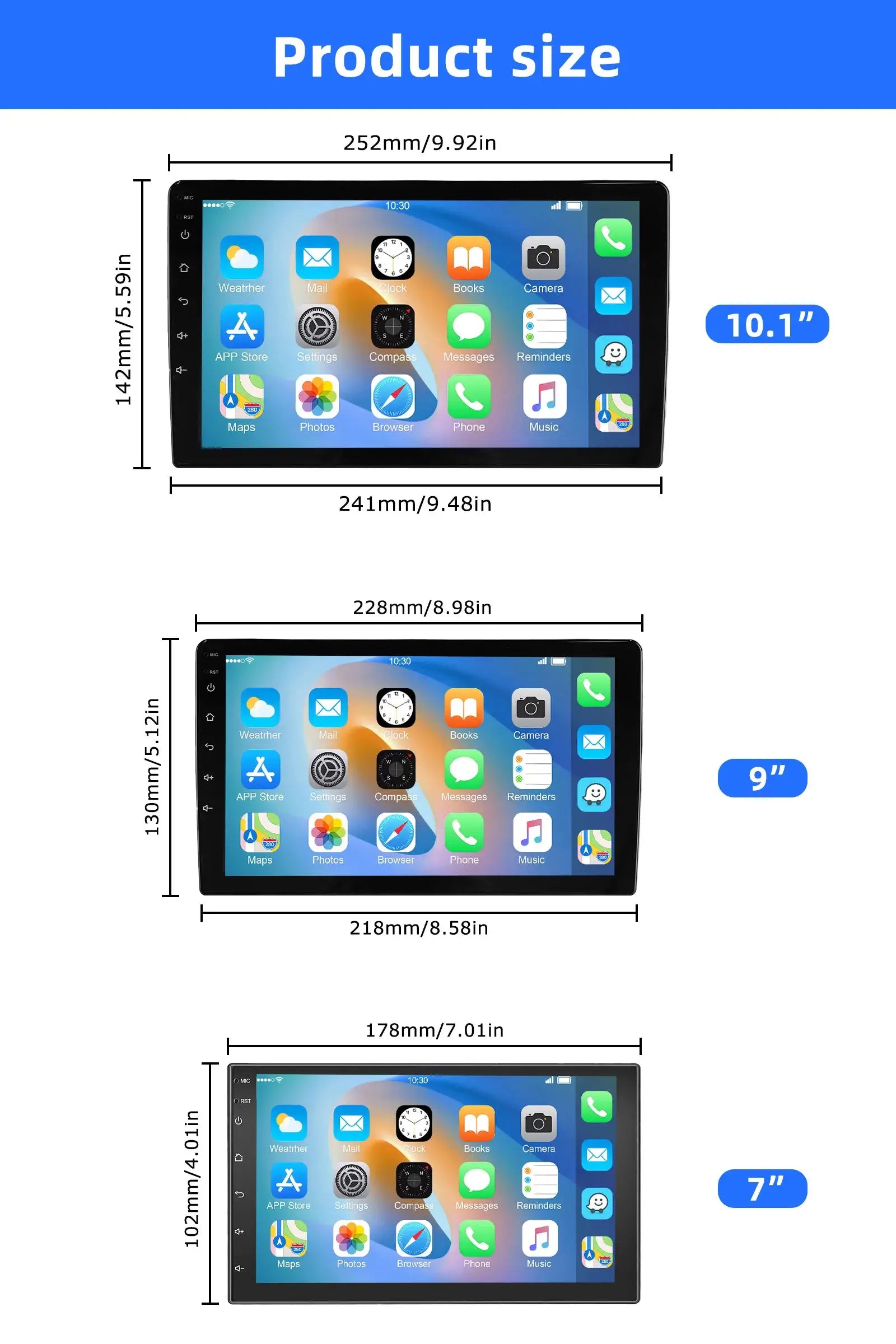 2-Din car stereo by Simples Market ESSGOO Android 15 with wireless CarPlay, 7-10 inch glass touchscreen, Wi-Fi BT