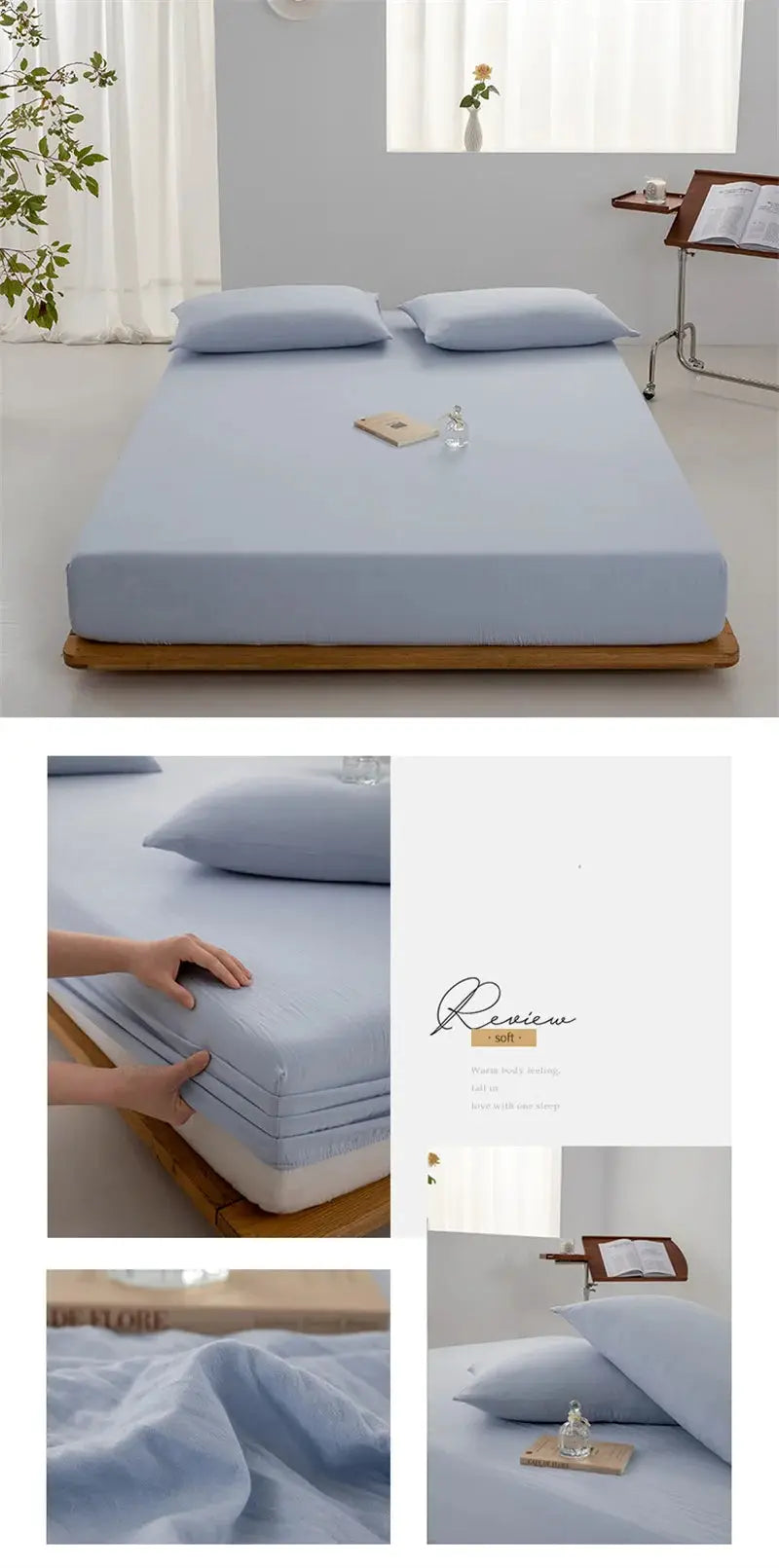 Soft cotton fitted sheet by Simples Market in light blue with elastic band on mattress.