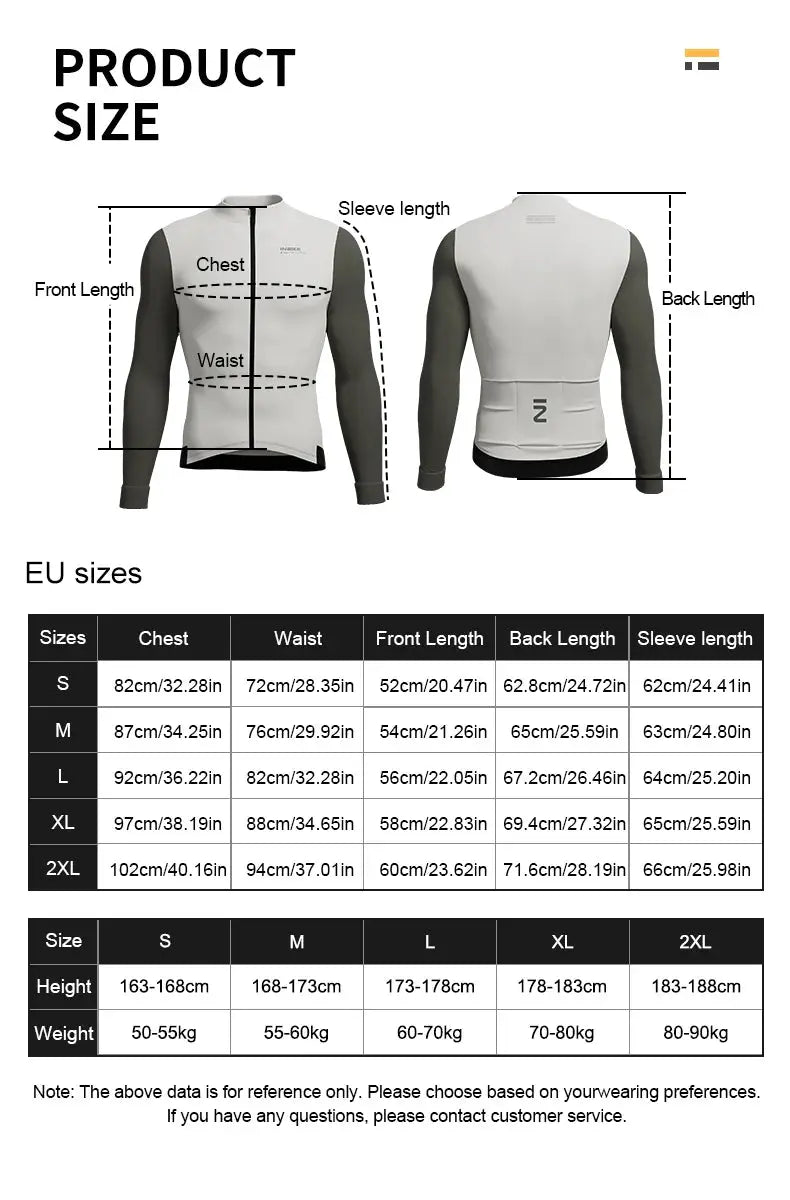 INBIKE winter cycling set: long-sleeve jersey with pockets and bib pants, white/gray; size chart with chest/waist