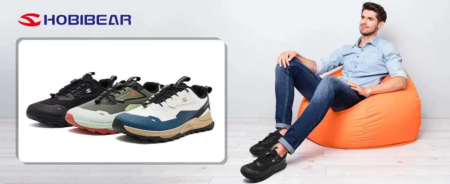 HOBIBEAR unisex hiking sneakers in black, olive camouflage, and white/blue/beige colorways; three pairs shown.