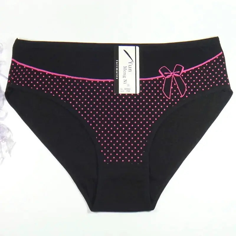 Women's black cotton briefs with pink polka dots and bow, mid-rise underwear by Simples Market