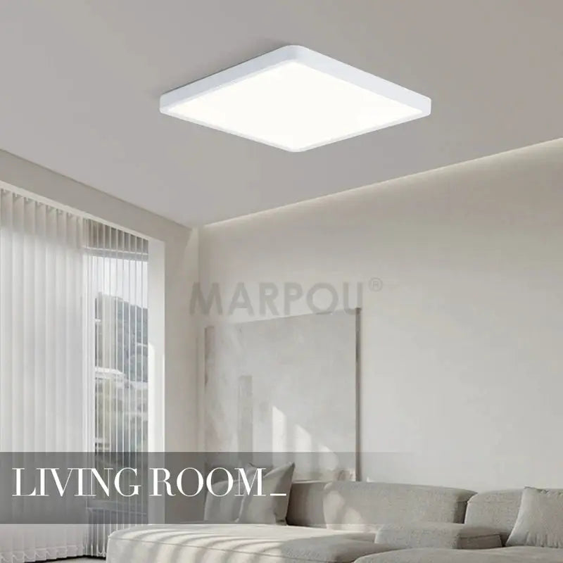 MARPOU ultra-thin square LED ceiling light, white finish, Simples Market living room fixture.