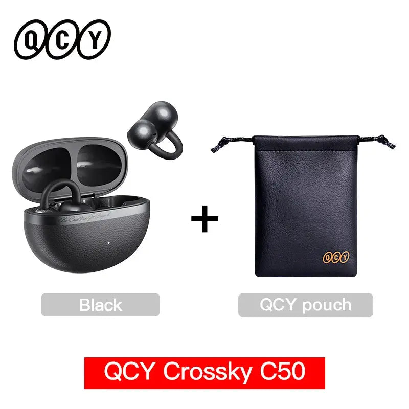QCY Crossky C50 open-ear wireless earbuds in black with charging case and QCY pouch