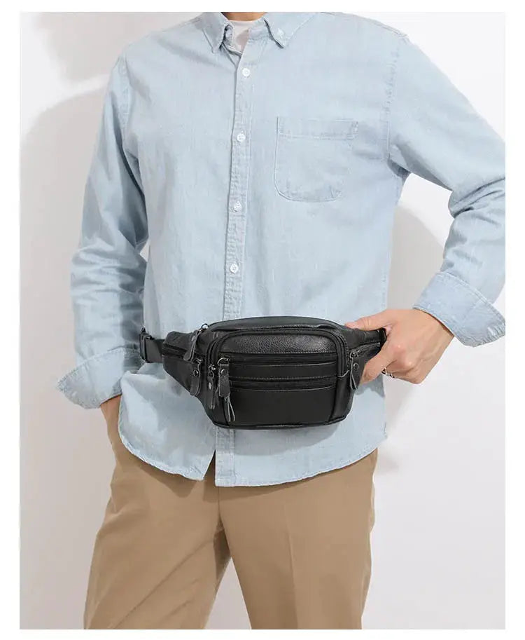 Men's black genuine leather fanny pack waist bag with multiple zip pockets.