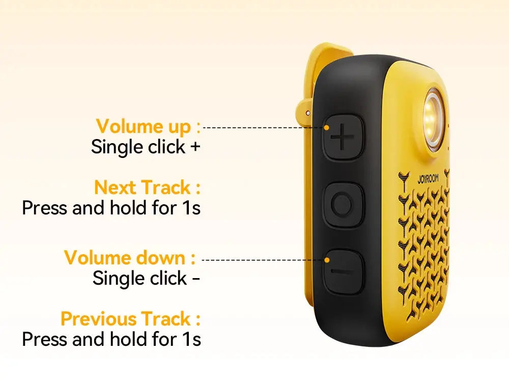 Joyroom wearable Bluetooth speaker, yellow and black clip-on design with IP67 waterproof rating