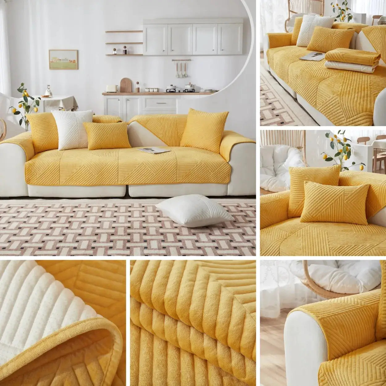 Crystal Velvet Sofa Cover by Simples Market in mustard yellow; non-slip, quilted slipcover for living room