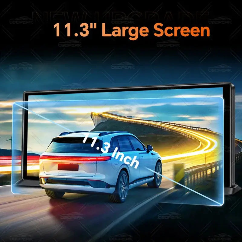OBDPEAK K8 Pro dash cam with 11.3-inch touchscreen display showing a blue car on highway