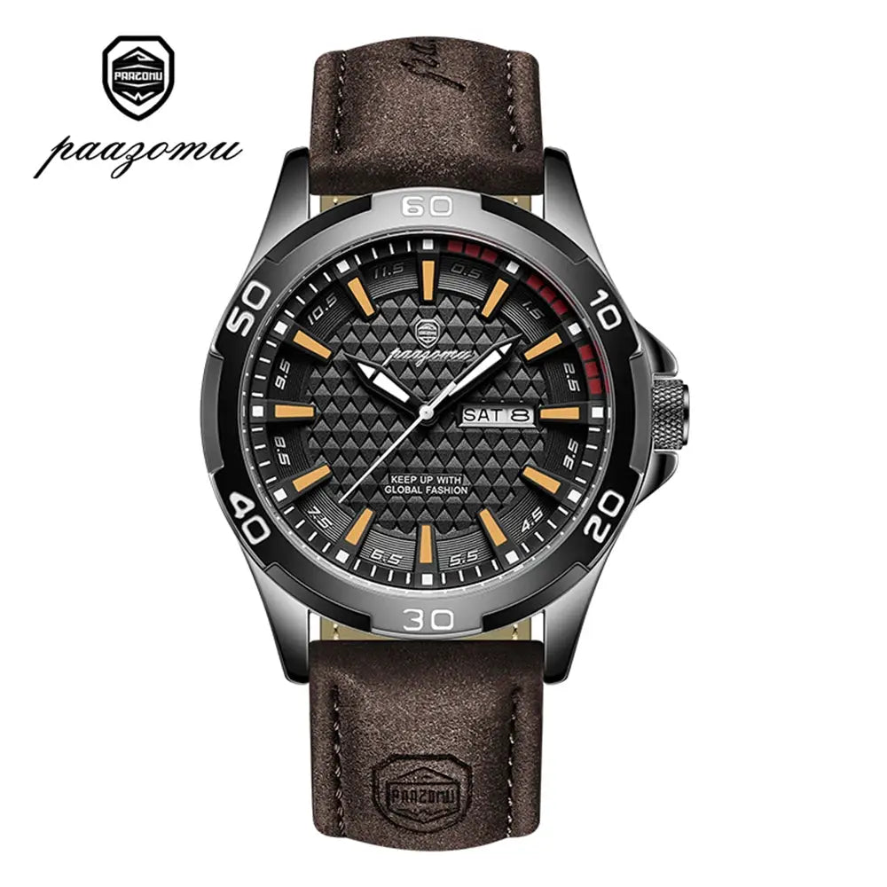 PAAZOMU men's luxury quartz wristwatch with brown leather strap and luminous dial with day-date