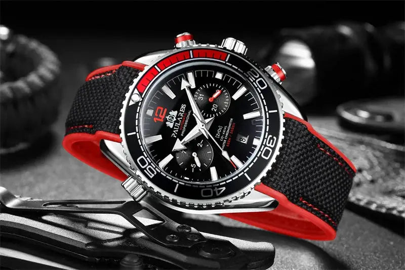 PAULAREIS P luxury men's automatic watch with black dial, red accents and rubber strap