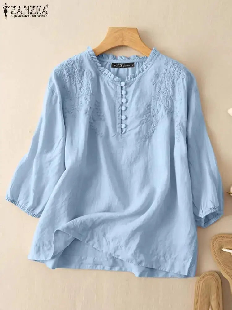 ZANZEA Summer Vintage Womens Blouse O Neck ThreeQuarter Sleeve Cotton