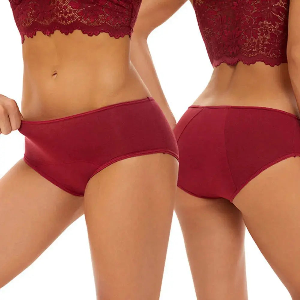Very Abundant menstrual panties red cotton briefs, low waist, two pairs shown.