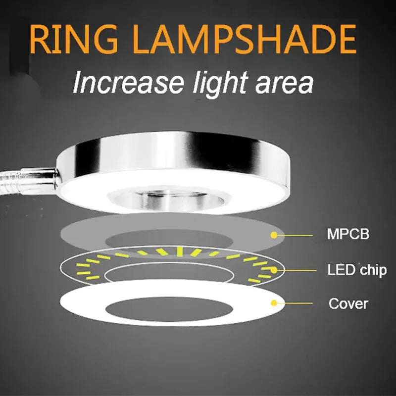LED ring clamp lamp with 3-level color temperature, USB powered, 360° rotatable gooseneck