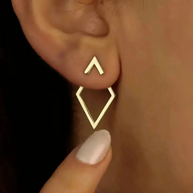 Earrings: two-piece geometric triangle stud above and hollow diamond below, gold-tone for women