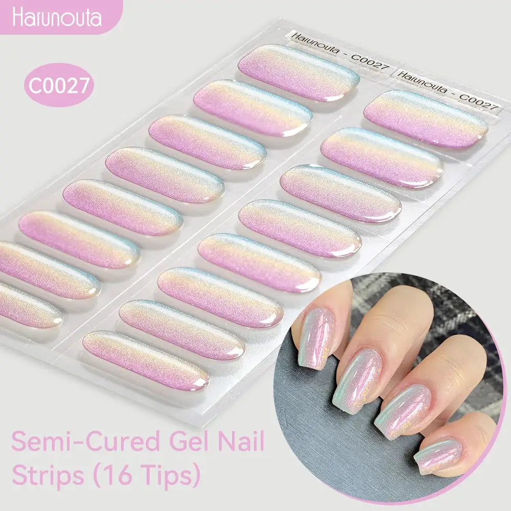 Gradient Auroras semi-cured gel nail strips (16 tips) with pink to blue glitter gradient for UV/LED lamps