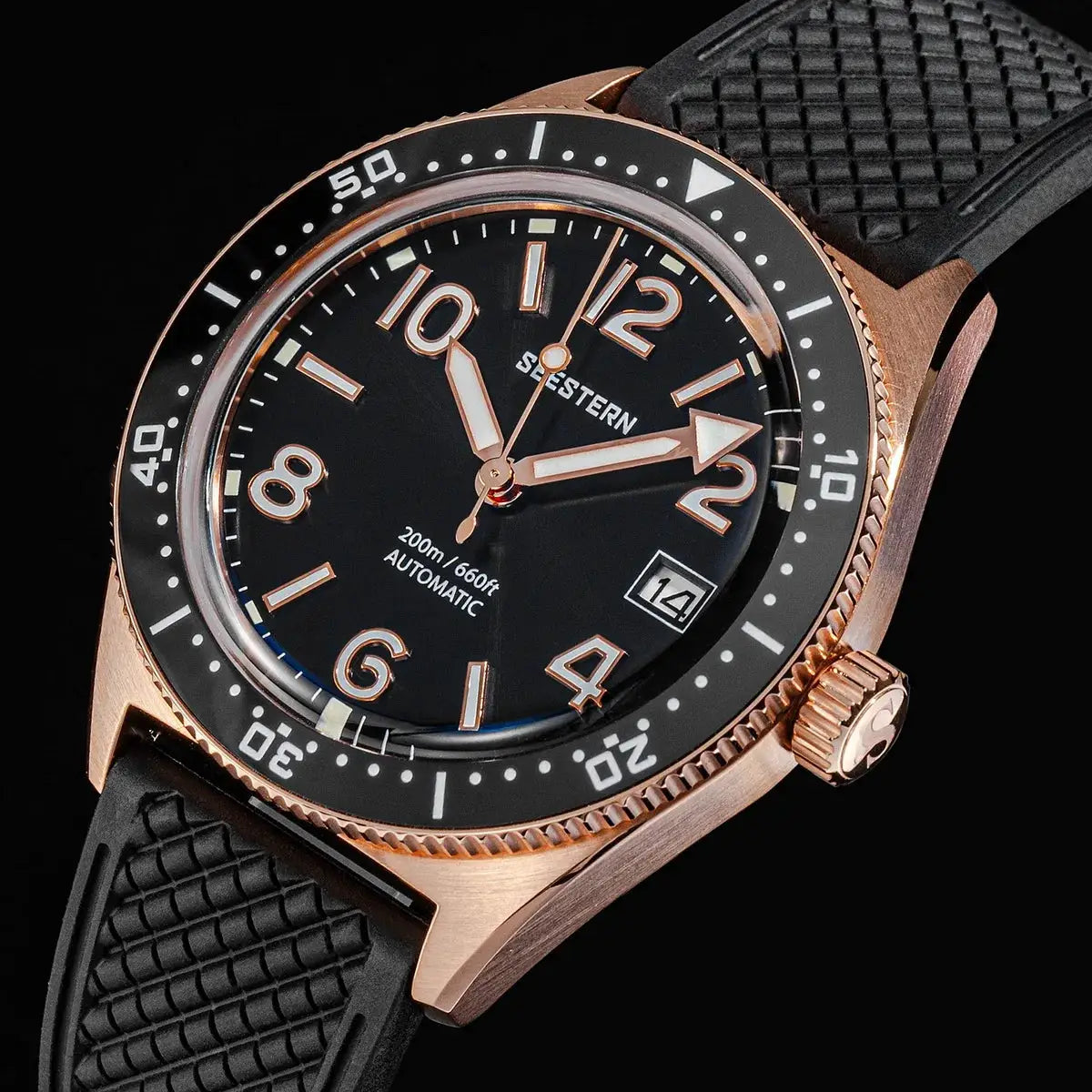 SEESTERN Diver mens watch with rose gold-tone case, black dial, black bezel, and rubber strap