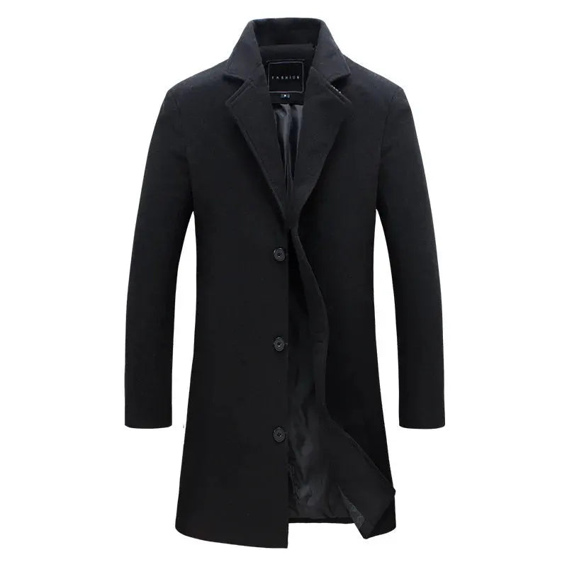Men's wool overcoat by Simples Market, black mid-length single-breasted trench with lapel