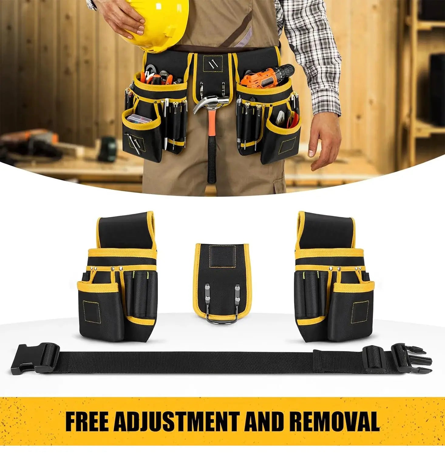 Simples Market tool belt with black and yellow pockets, adjustable strap and detachable pouches.