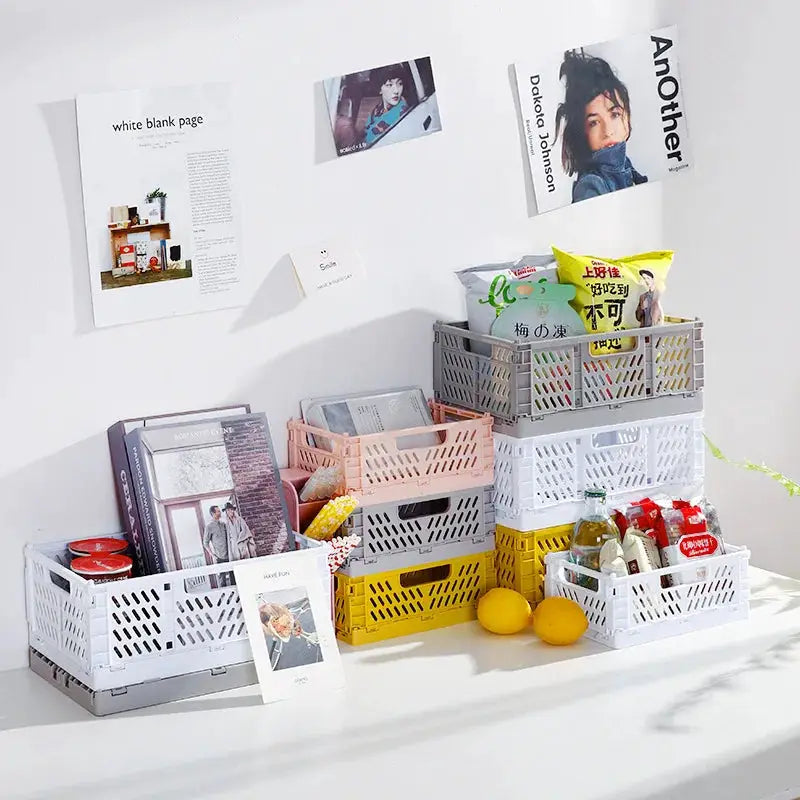 Plastic foldable storage crate set; portable, stackable organizers in white, gray, peach and yellow