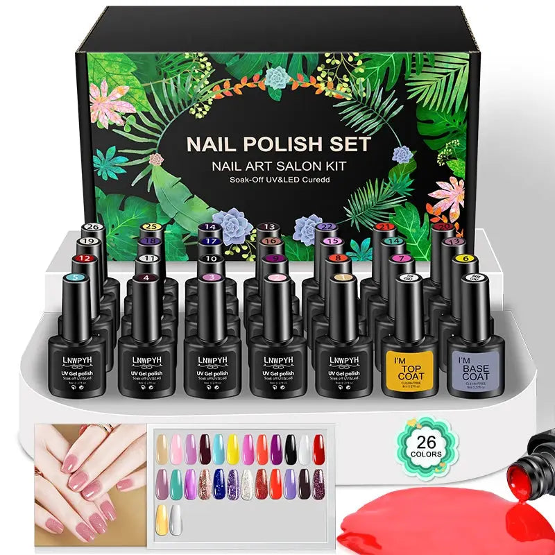LNWPYH Gel Nail Polish Set by Simples Market; 26-color UV/LED gel kit with base and top coats